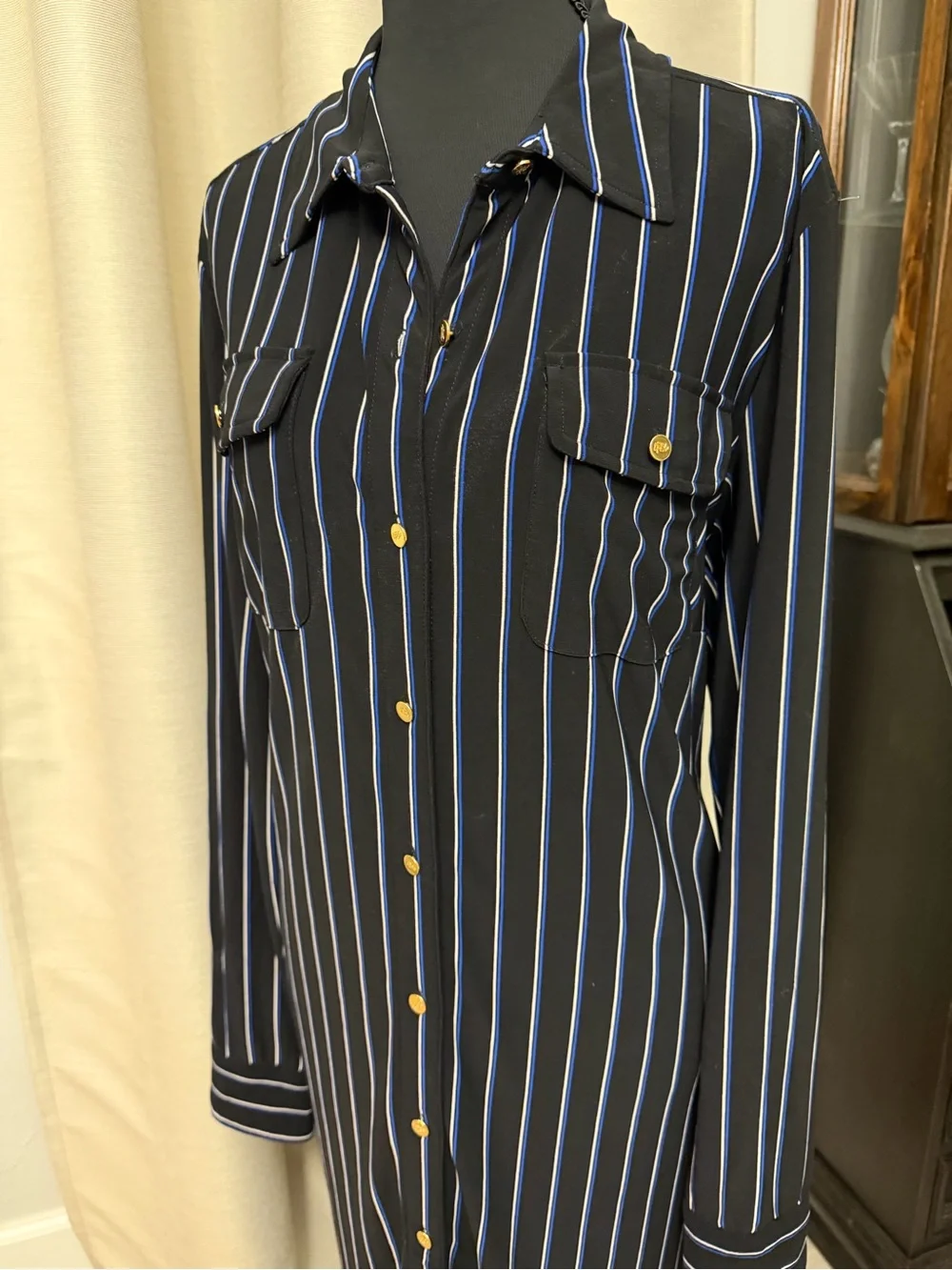 Lauren Ralph Lauren Black Maxi Shirt Dress with Blue Stripes - Picture 2 of 5